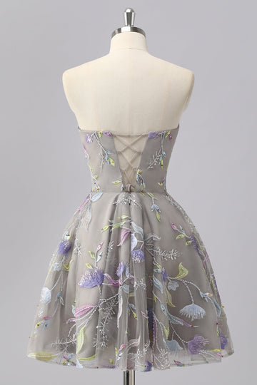 Grey A Line Strapless Floral Mini Cocktail Dress with Embroidery